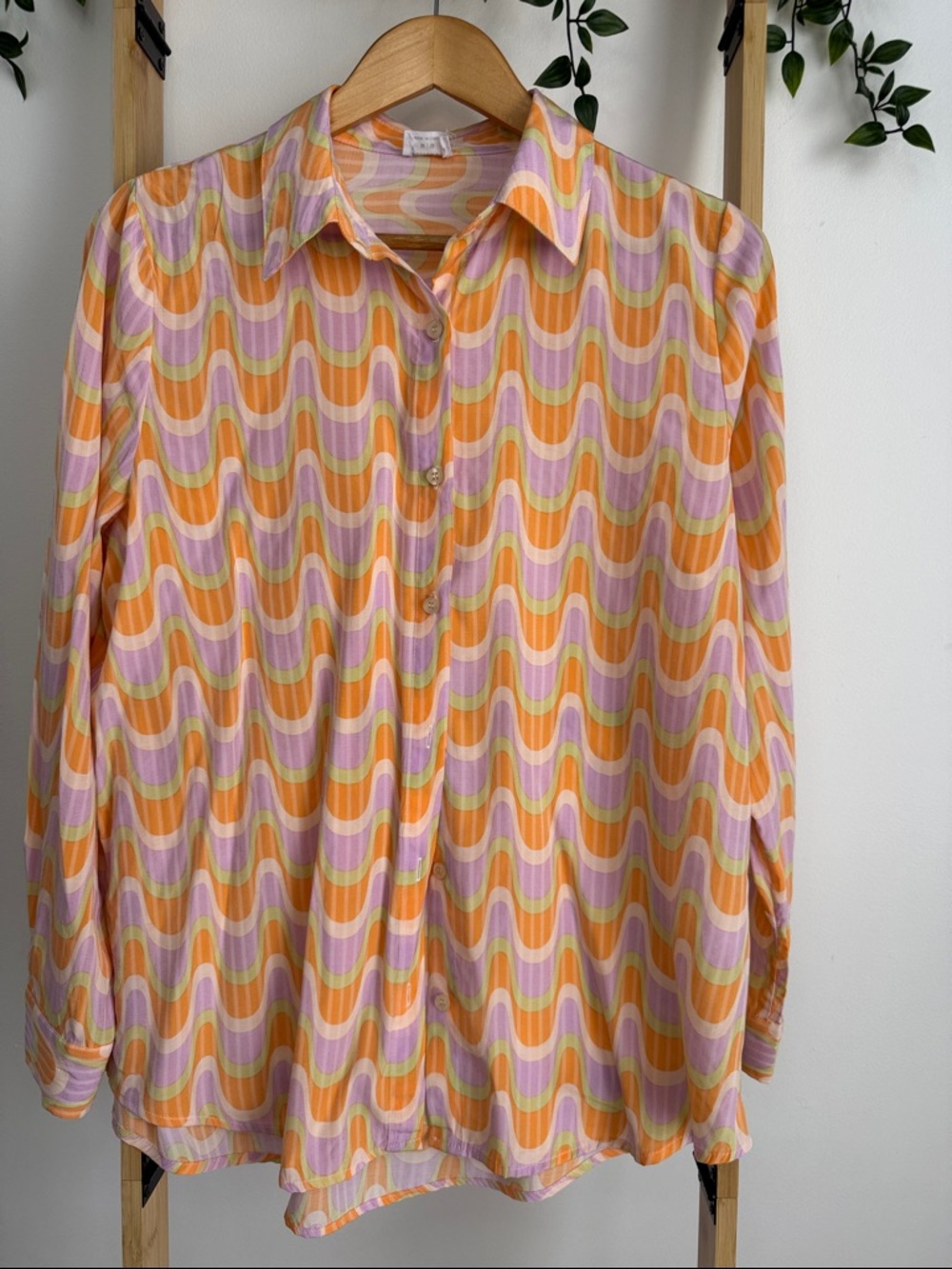Cotton On Men Oversized Orange Green 70s Vibe Groovy Wave Resort Silky Shirt M